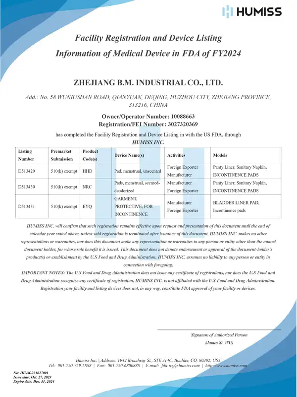 fda certificate of zhejiang bm 2024